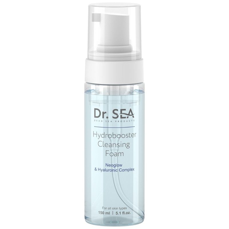 Reinigingsschuimfles met pompsluiting. Opschrift: Dr. SEA, Hydrobooster Cleansing Foam. Voor alle huidtypes.