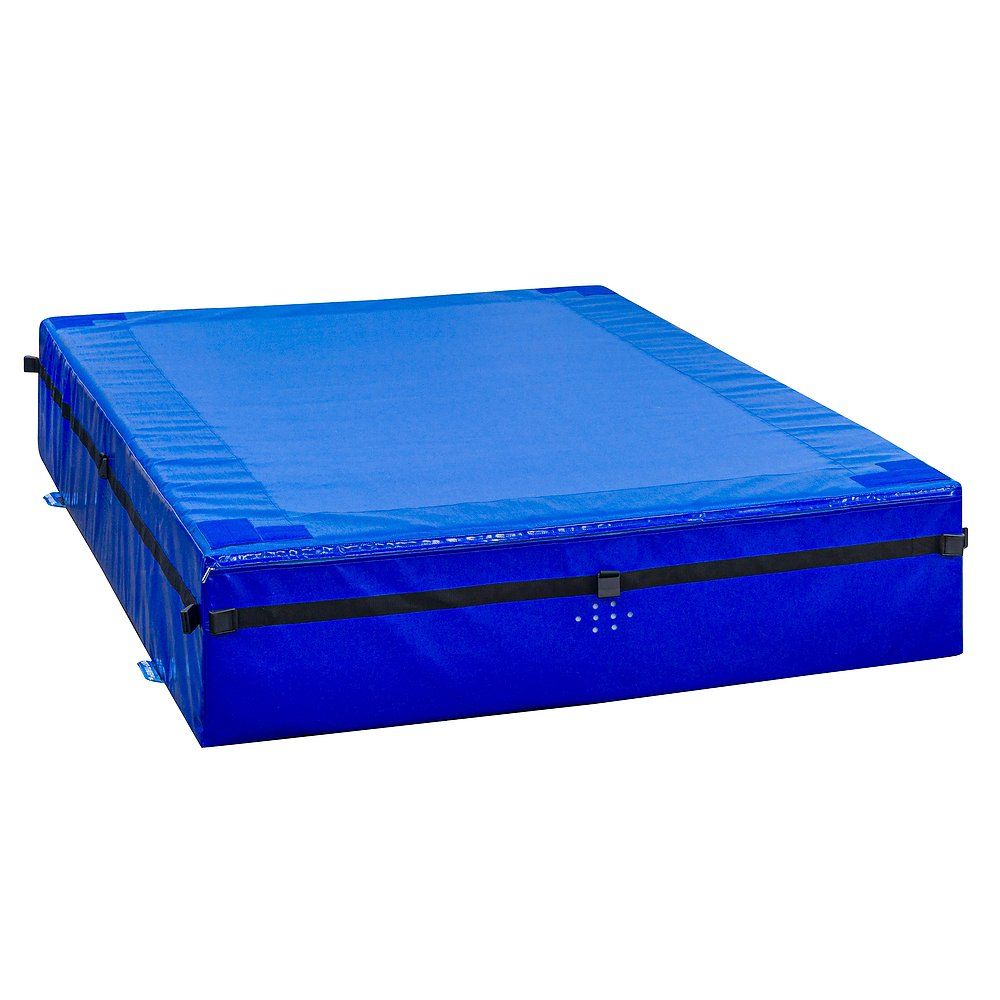 Blaue Hochsprungmatte, rechteckig, mit schwarzen Gurten. Oberseite mit hellblauem Feld.