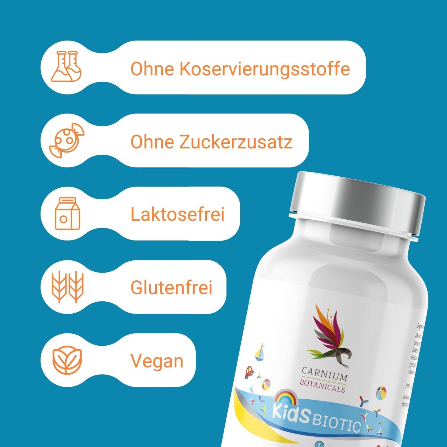 Weiße Flasche mit silbernem Deckel. Aufschrift: Kids Biotic, Carnium Botanicals. Text über Inhaltsstoffe: laktosefrei, glutenfrei, vegan.