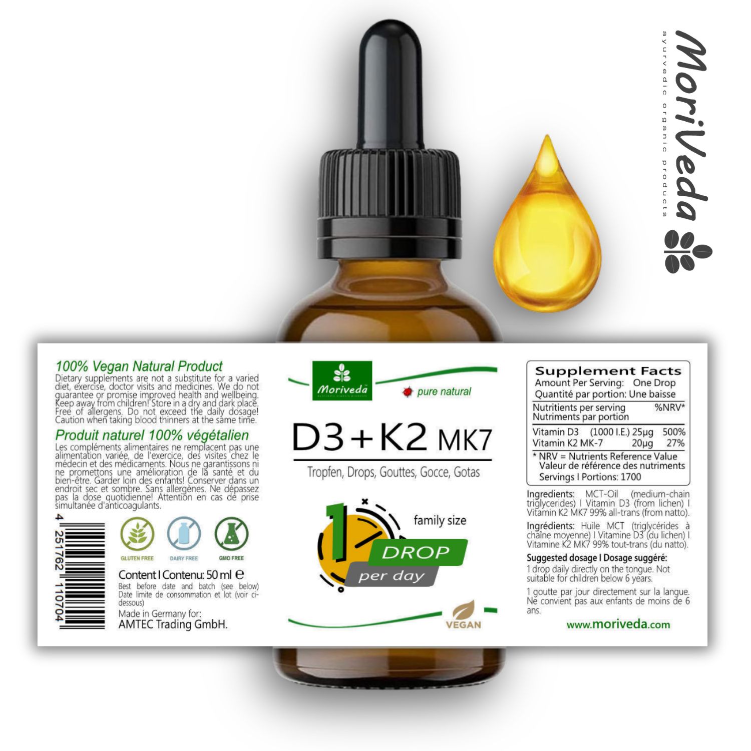 MoriVeda Vitamin D3 + K2 Tropfen mit Vitamin D3 und Vitamin K2 (MK-7)
