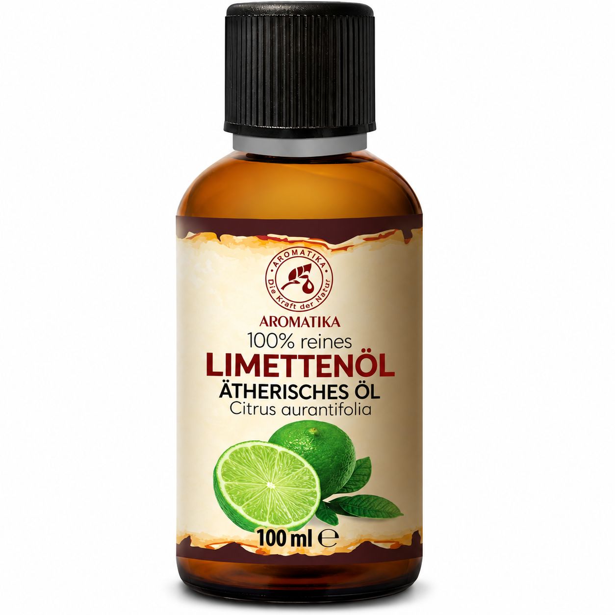 Braune Glasflasche mit schwarzem Schraubverschluss, Etikett mit "AROMATIKA 100% reines Limettenöl Ätherisches Öl" und einer halben Limette.