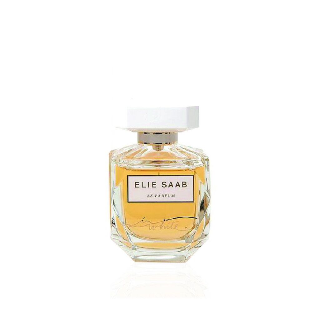 Elie Saab In White Eau de Parfum Flakon mit weißem, facettiertem Verschluss und goldenem Etikett.
