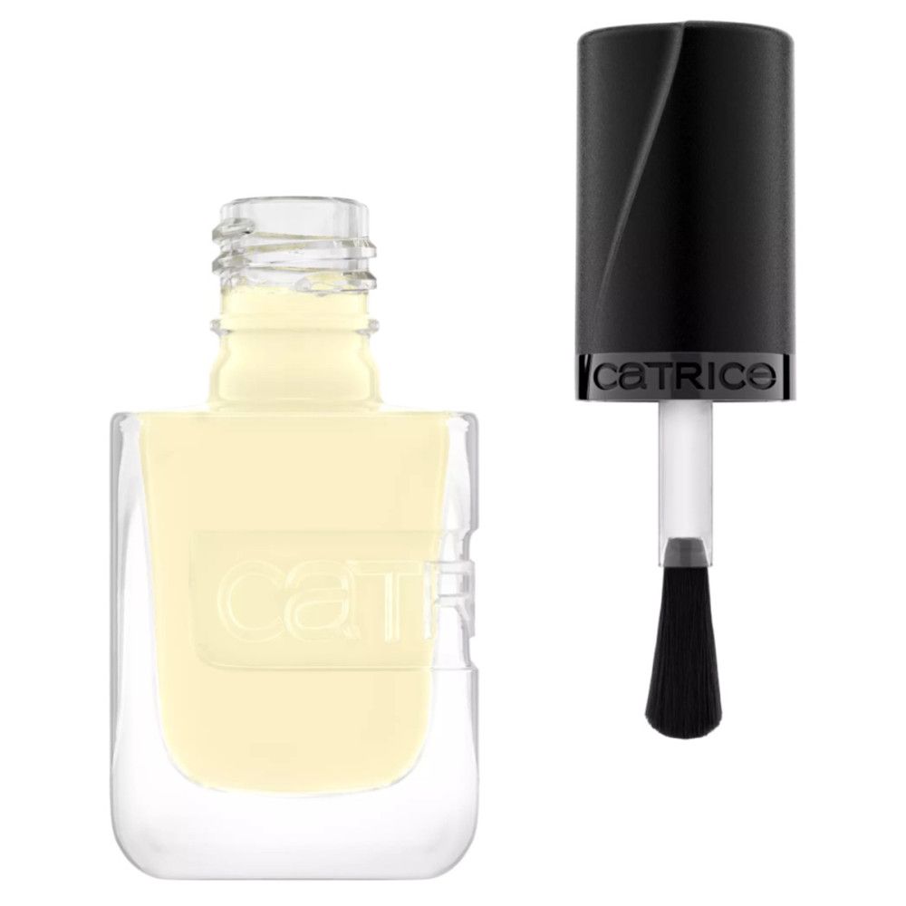 Catrice Gel-Nagellack Affair. Flasche mit hellgelbem Nagellack, Deckel und Pinsel. Marke Catrice sichtbar.