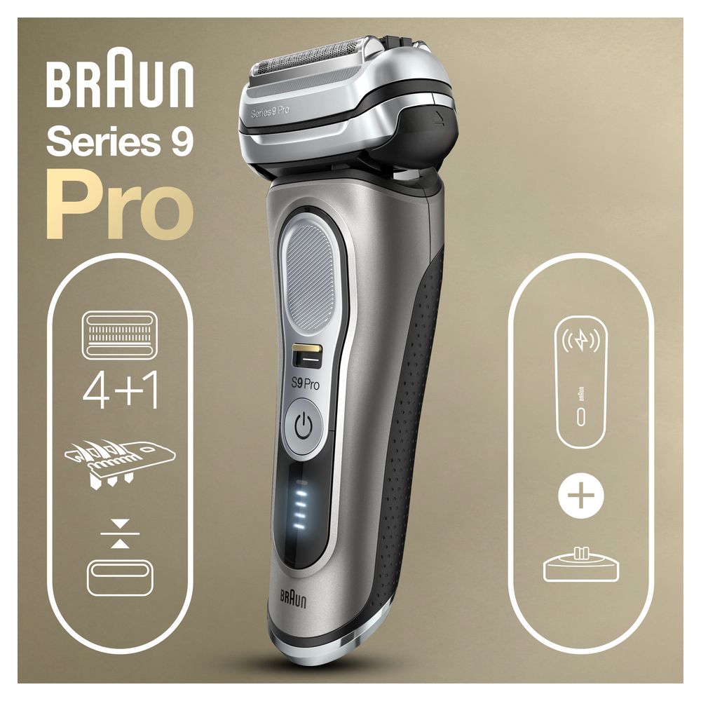 Elektrischer Rasierer Braun Series 9 Pro, Chrom. Aufschrift: Braun, Series 9 Pro, Pro. Symbole für Funktionen. Digitalanzeige.