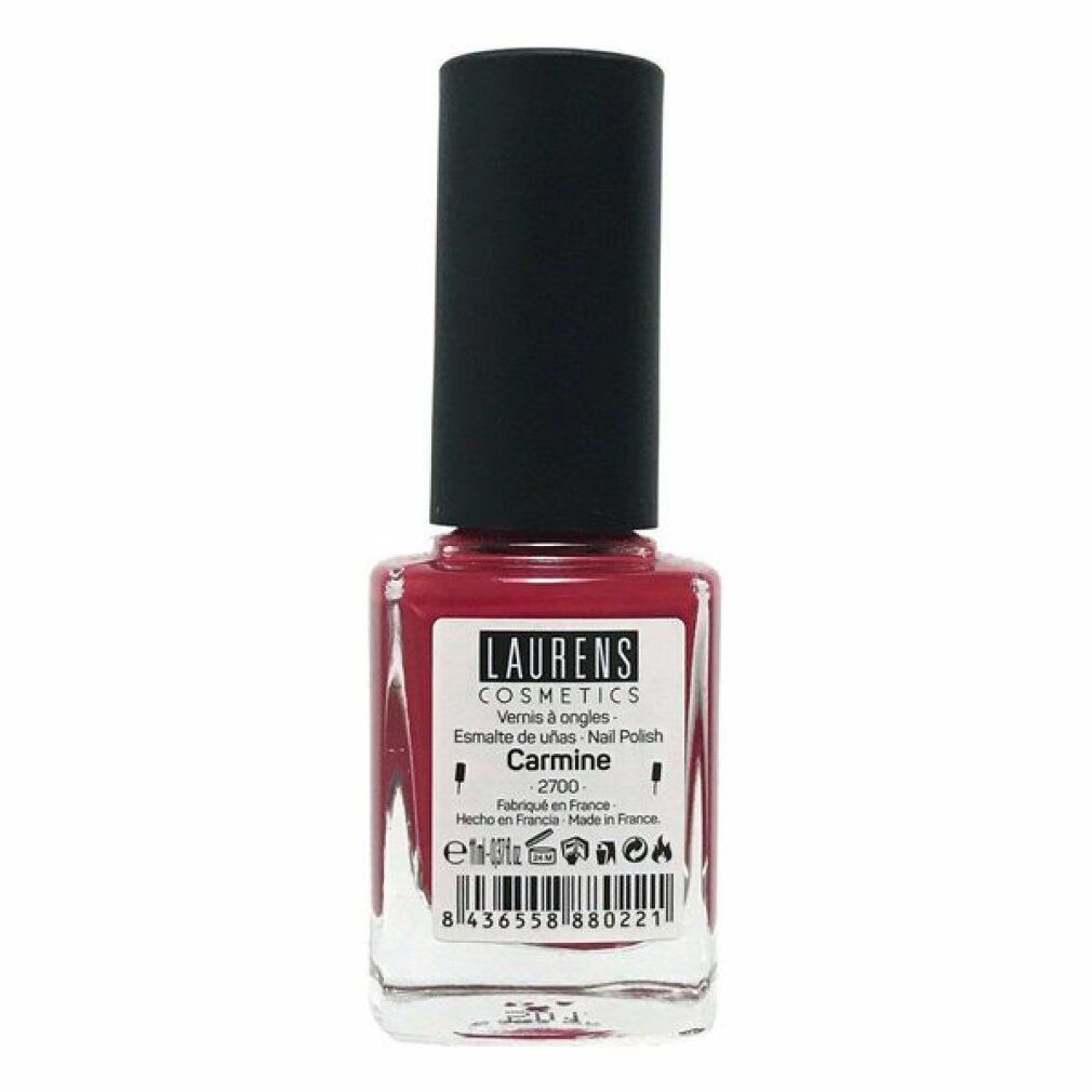 Nagellackflasche mit schwarzem Deckel. Aufschrift: LAURENS COSMETICS. Farbe: Carmine. Text auf Französisch.