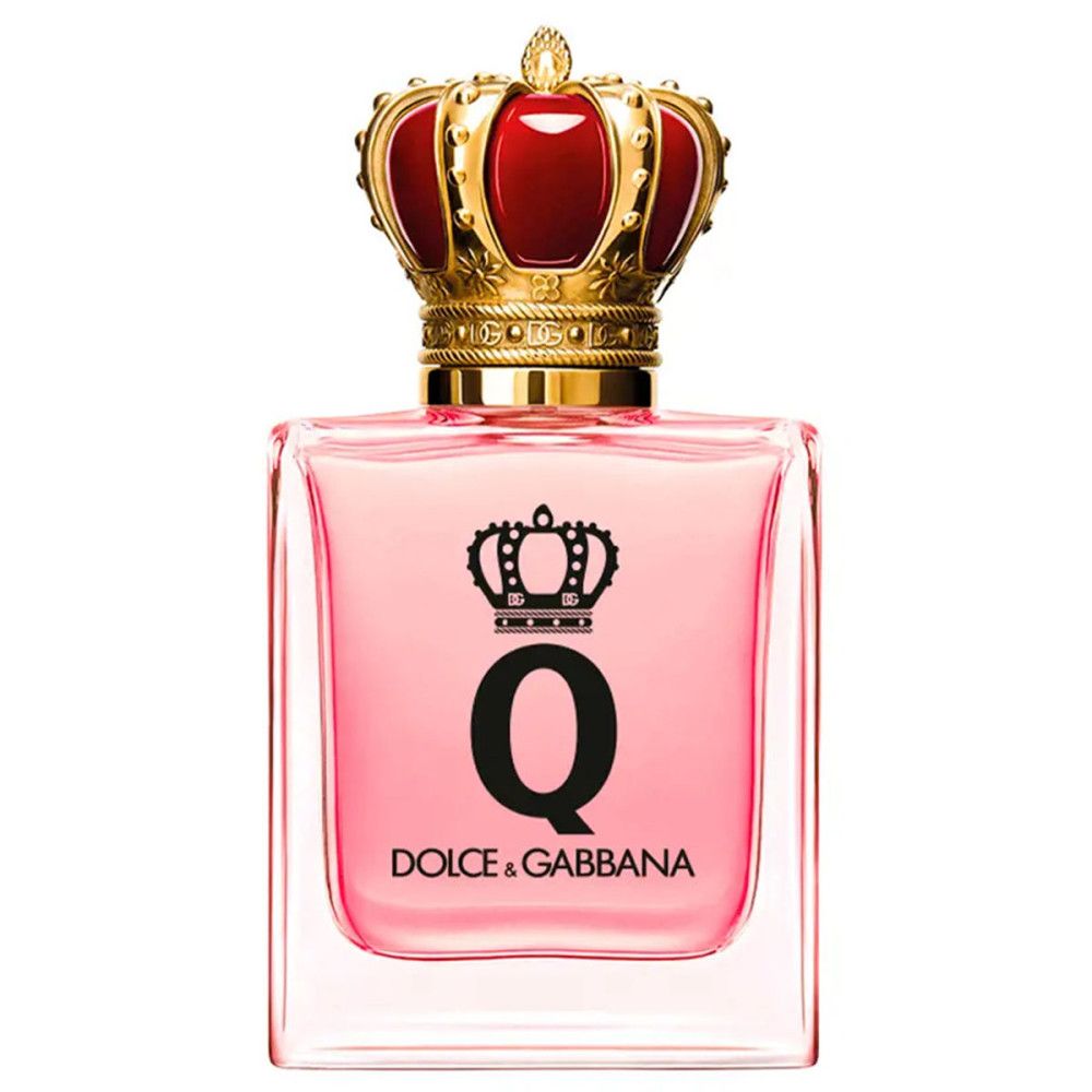 Parfümflakon mit roter Krone. Aufschrift: Dolce & Gabbana, Q. Rosa Flüssigkeit.