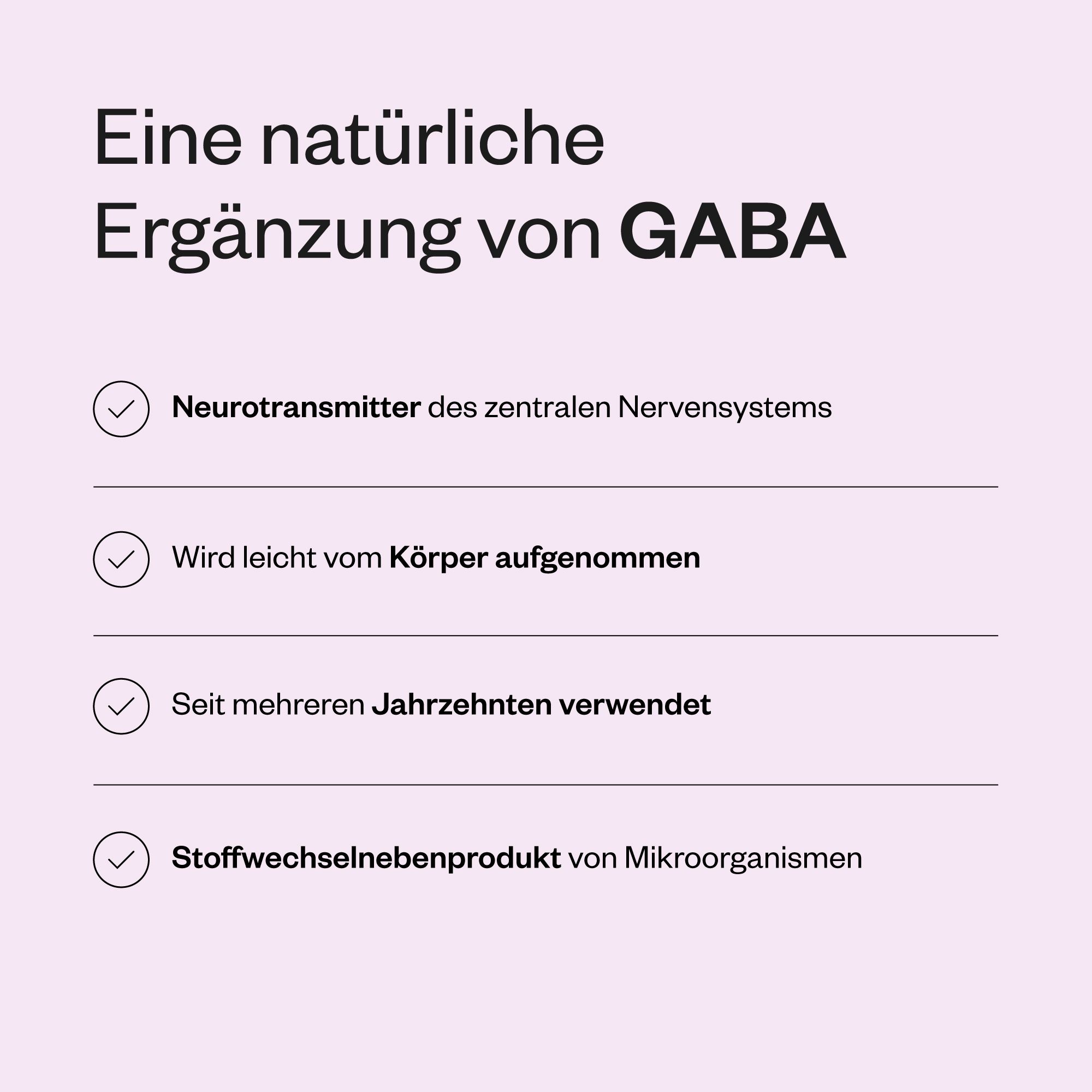 Text auf rosa Hintergrund. Aufzählungspunkte: Neurotransmitter, leicht absorbierbar, seit Jahrzehnten verwendet, Stoffwechselprodukt.