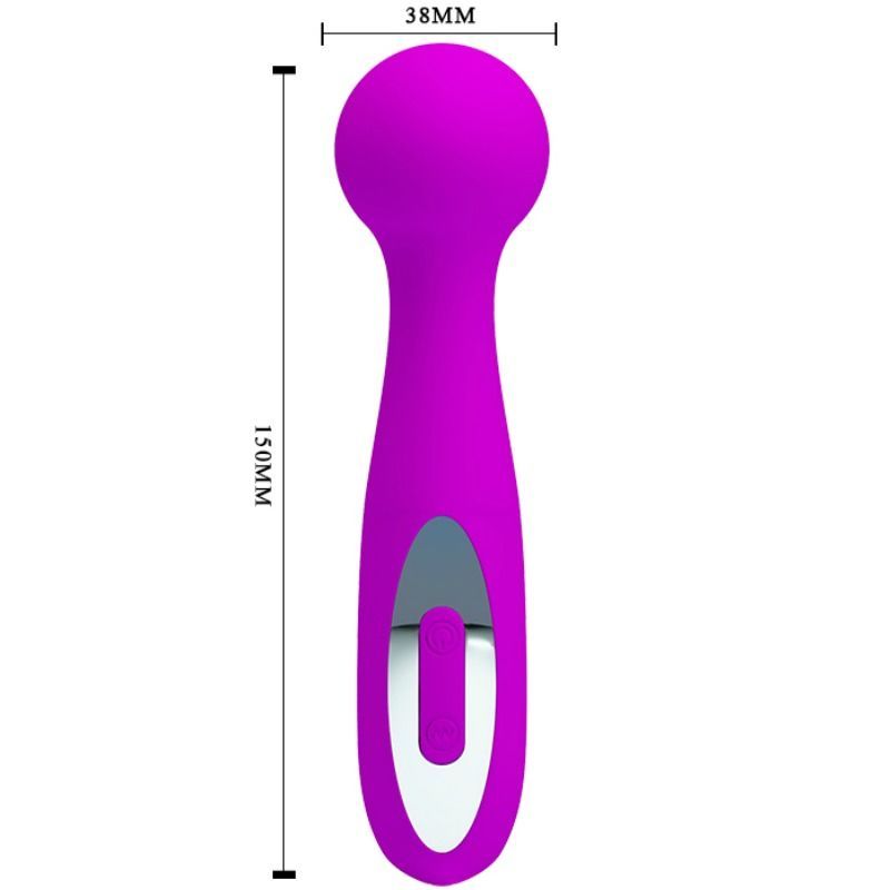 Lila Massager mit abgerundetem Kopf und Griff. Maße: 150mm x 38mm.