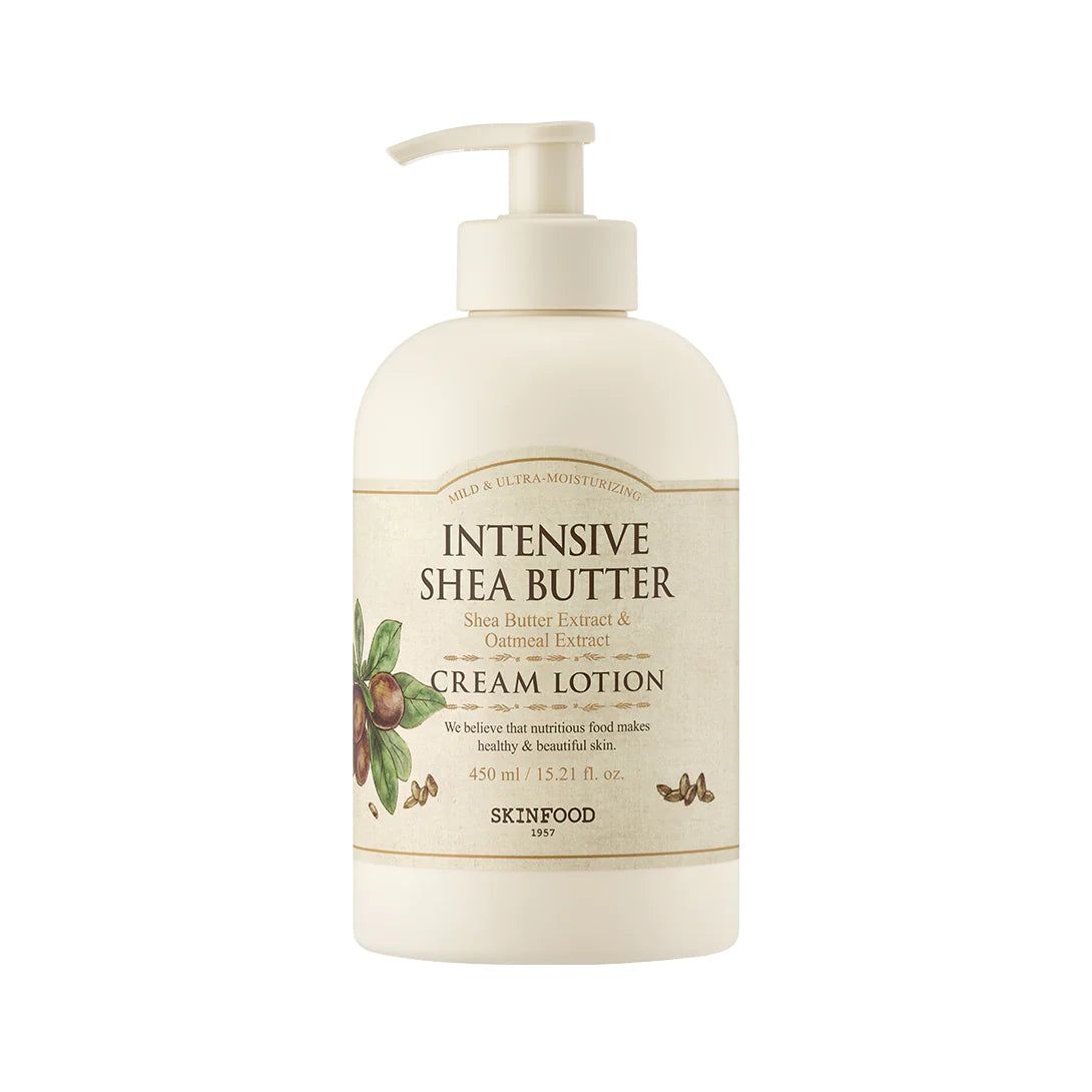 Cremelotion-Flasche mit Spender. Aufschrift: Intensive Shea Butter Cream Lotion. 450 ml. SKINFOOD Logo.