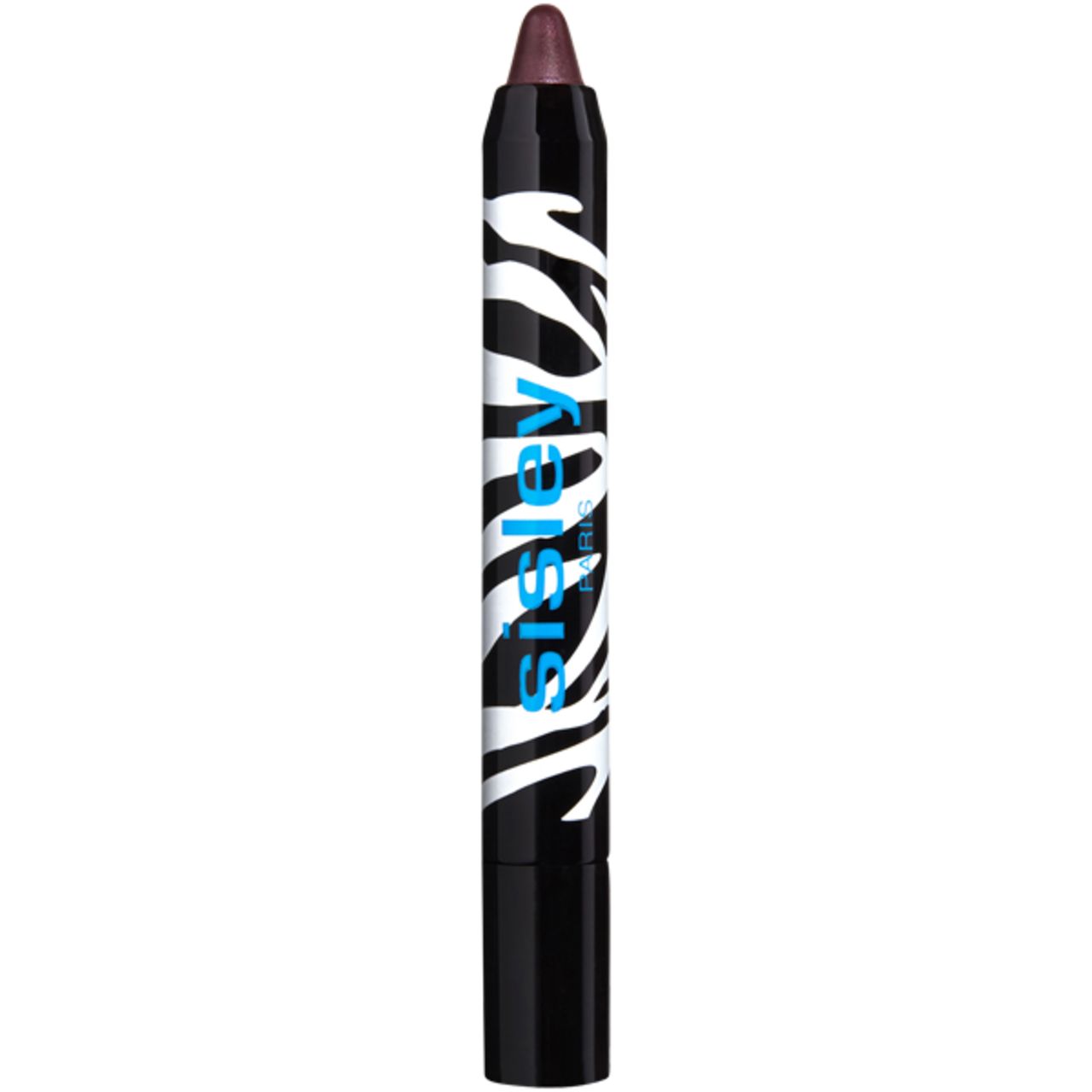 Sisley Phyto-Eye Twist. Stift mit schwarzem Zebra-Muster und blauem Schriftzug. Spitze in dunklem Farbton. Schwarzer Deckel.