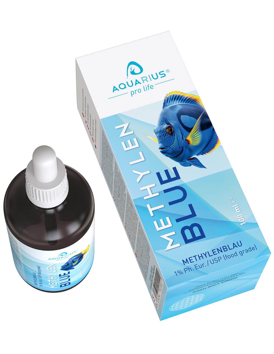 Flasche und Verpackung. Aufschrift: METHYLEN BLUE, AQUARIUS pro life. Flasche mit Tropfer. Verpackung: 100 ml.