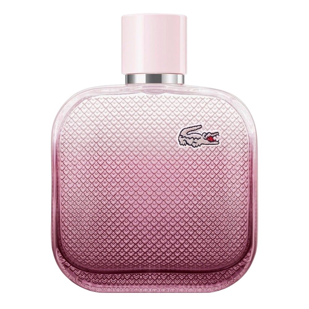 LACOSTE L.12.12 Rose Eau Intense EdT Nat. Spray. Flakon. Rosa Farbverlauf, Krokodil-Logo. Hellrosa Verschluss.