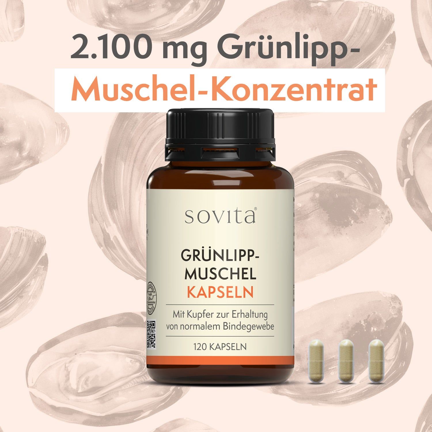 Braune Flasche mit schwarzen Deckel. Aufschrift: Grünlippmuschel Kapseln. 120 Kapseln. 3 Kapseln daneben. Hintergrund: Muscheln.