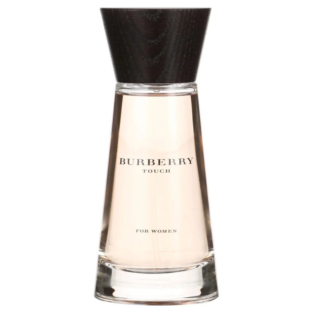 Burberry Touch Flakon mit schwarzem Deckel. Hellrosa Flüssigkeit. Aufschrift Burberry Touch. Für Damen.