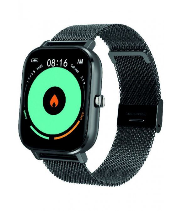 Schwarze Smartwatch mit Metallarmband. Das Display zeigt Uhrzeit, Datum, Kalorien und Schritte an. Grün-orangefarbene Grafik.