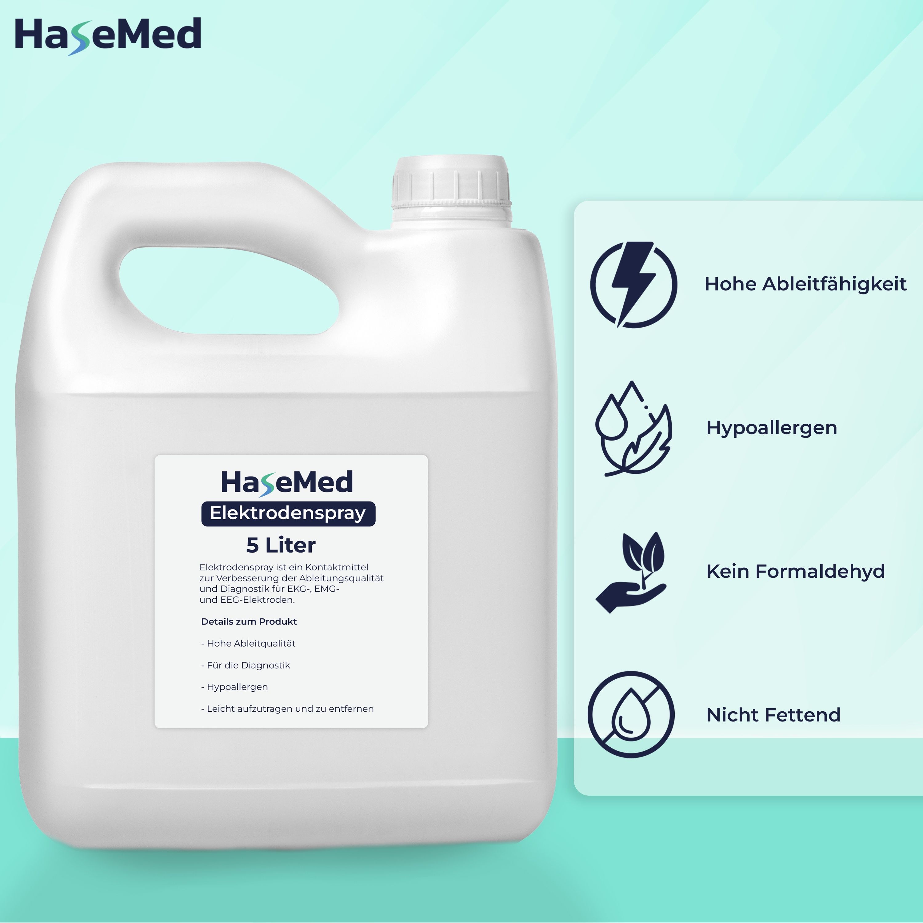 Weißer Kanister HaseMed Elektrodenspray, 5 Liter. Etikett mit Produktinformationen. Symbole: Hohe Ableitfähigkeit, hypoallergen, kein Formaldehyd, nicht fettend.