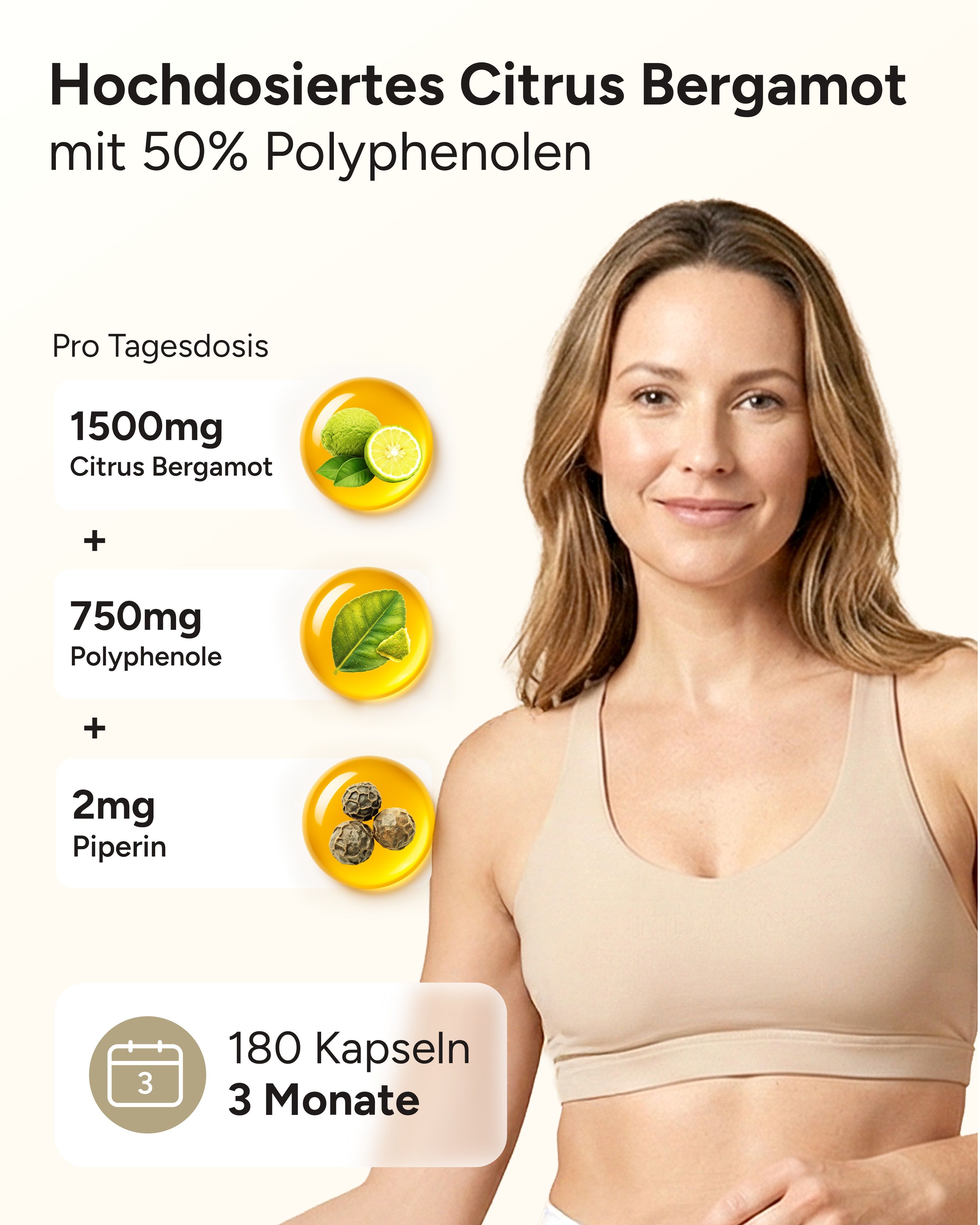 Frau mit Informationen zu Inhaltsstoffen. 1500mg Citrus Bergamot, 750mg Polyphenole, 2mg Piperin. 180 Kapseln für 3 Monate.