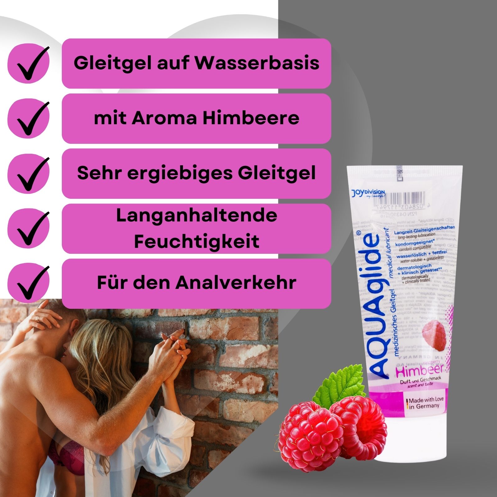 AQUAglide Gleitgel Himbeere Tube. Paar umarmt sich. Text: Gleitgel auf Wasserbasis, mit Aroma Himbeere, für Analverkehr.