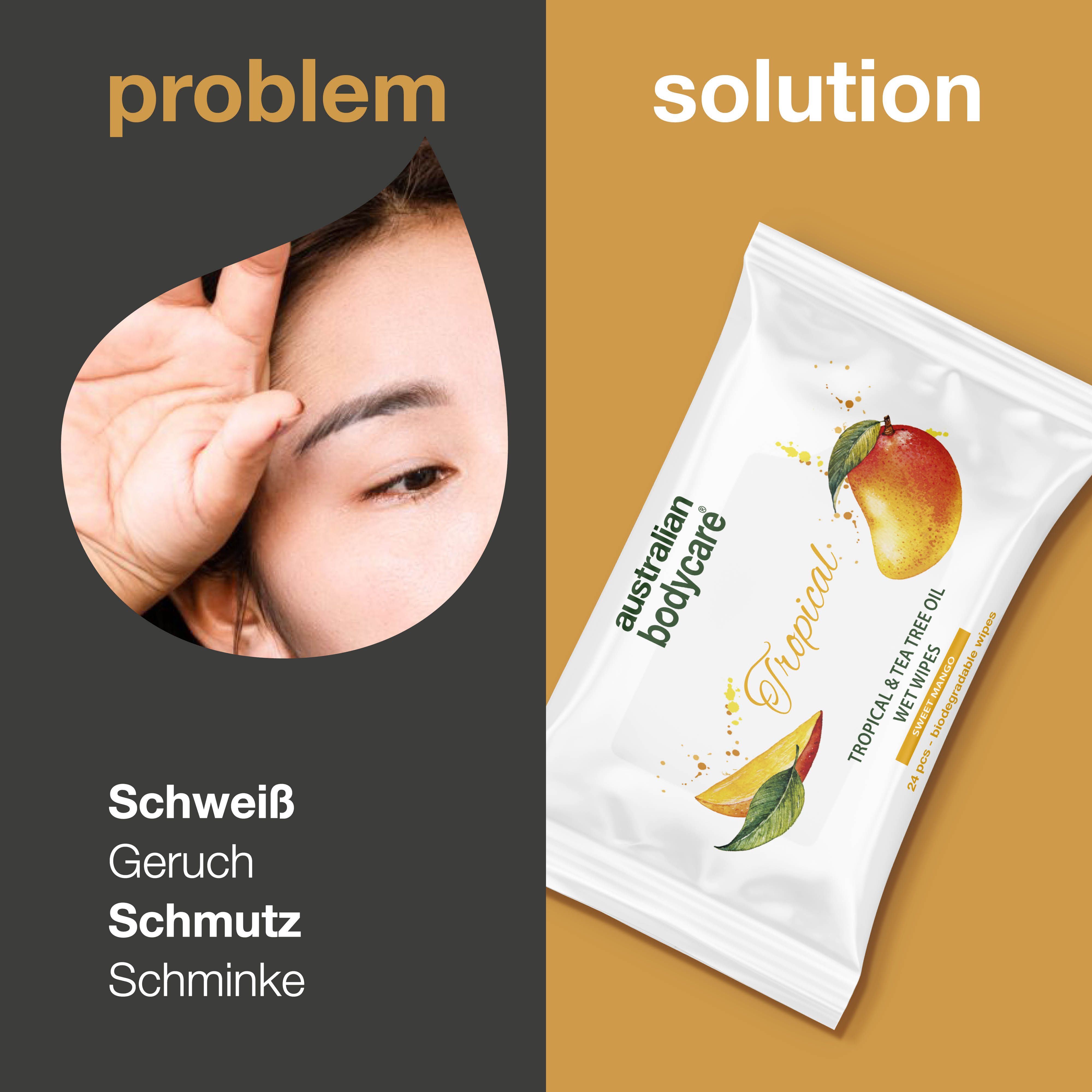 Gesicht und Feuchttuch-Verpackung. Text: Problem, Lösung. Wörter: Schweiß, Geruch, Schmutz, Schminke.