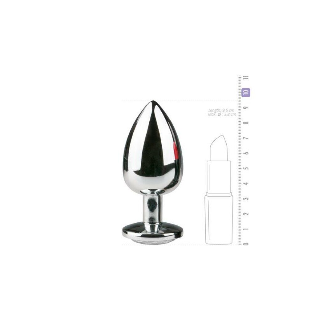 Analplug aus Metall. Silberfarben, konisch zulaufend. Vergleich mit Lippenstift. Maße: 9,5 cm Länge, 3,8 cm max. Ø.
