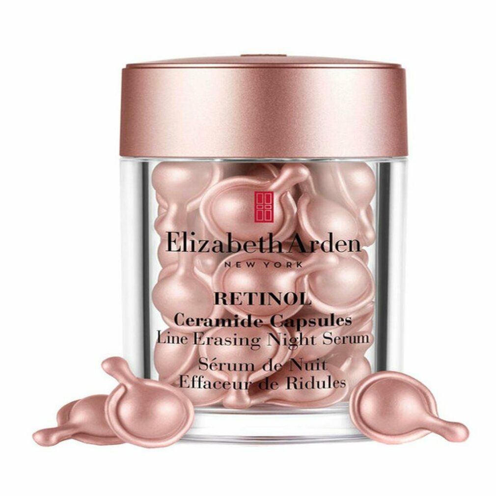Behälter mit rosa Kapseln. Aufschrift: Elizabeth Arden, Retinol Ceramide Capsules, Line Erasing Night Serum.