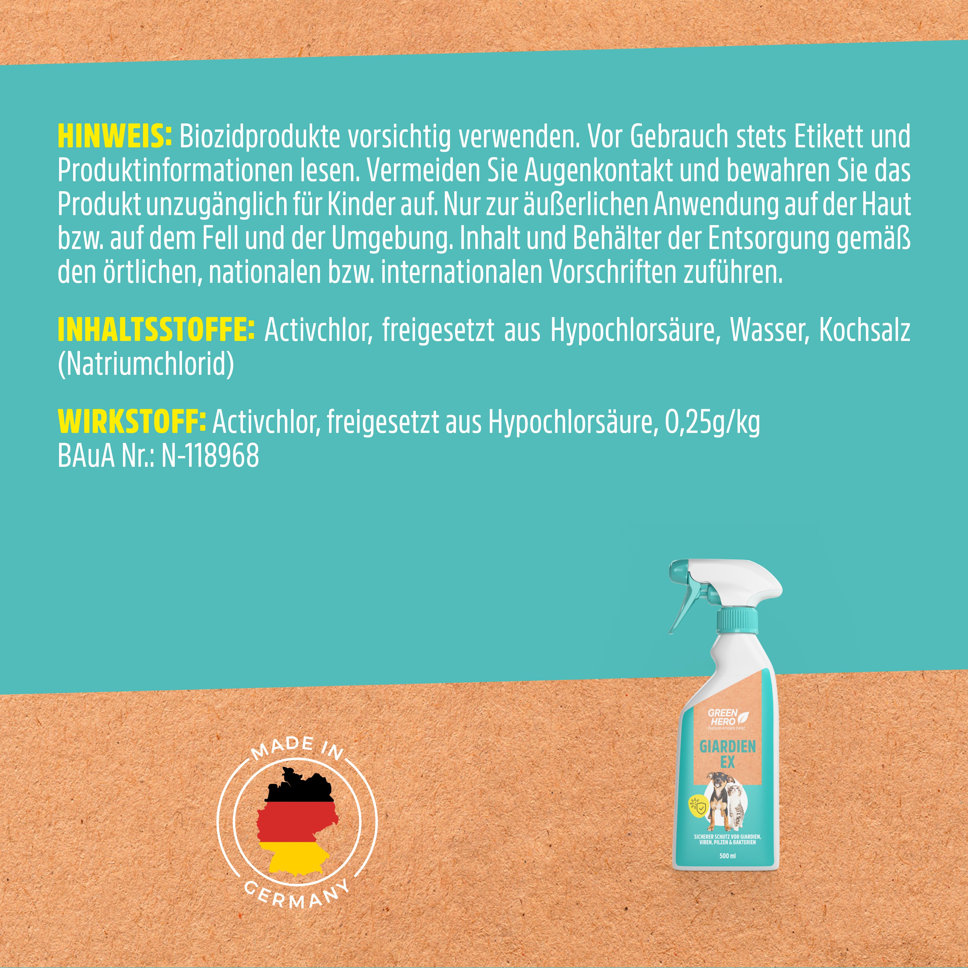 Sprayflasche mit Text. Text: Biozidprodukte vorsichtig verwenden. Enthält Activchlor.