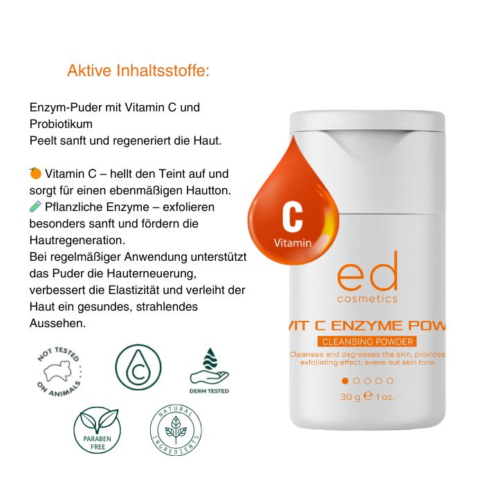 ED COSMETICS Vitamin C Enzympeeling Pulver – sanfte REINIGUNG & Aufhellung für empfindliche Haut