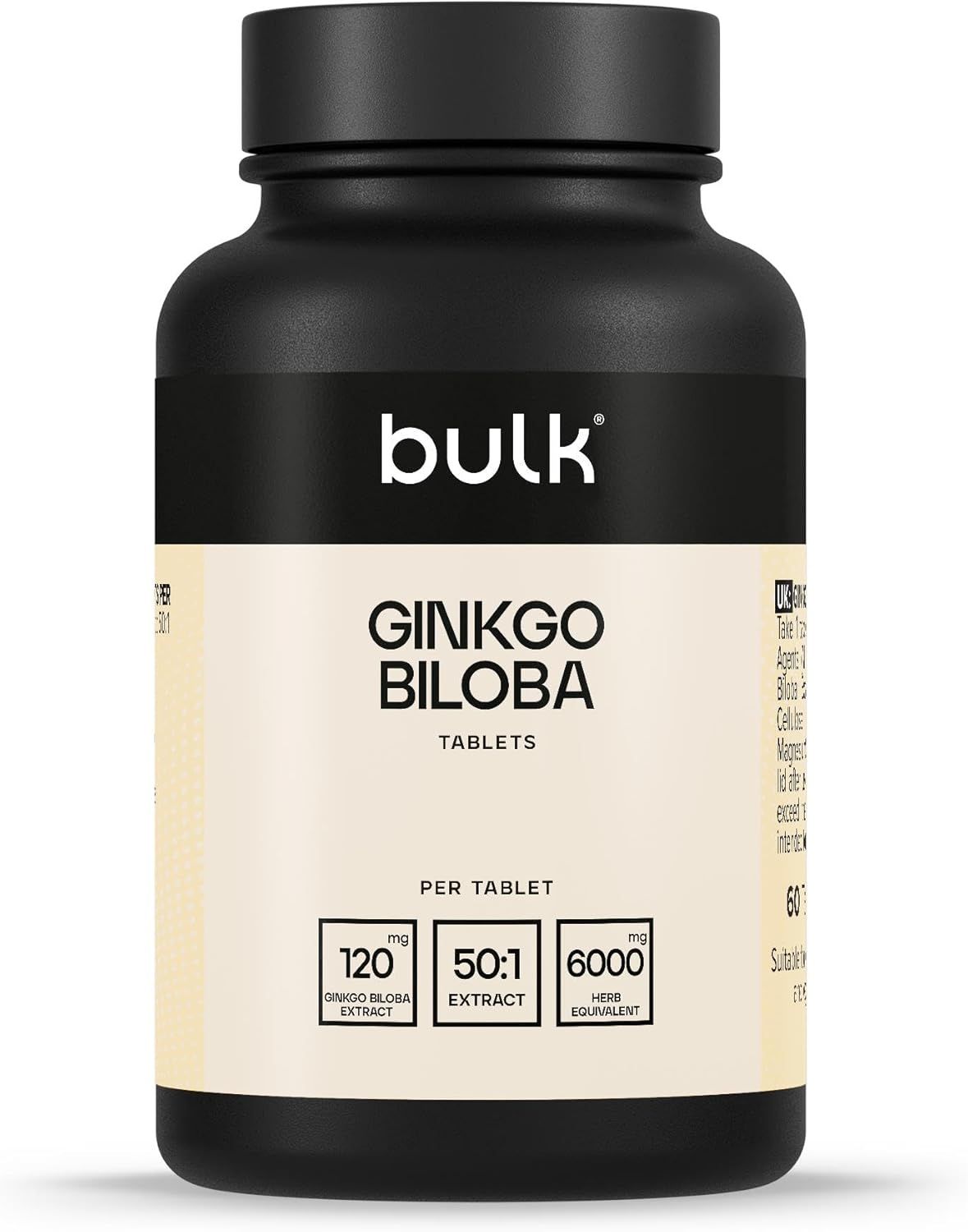 Schwarze Flasche mit "bulk"-Logo und "Ginkgo Biloba Tablets"-Aufschrift. Enthält Informationen pro Tablette.