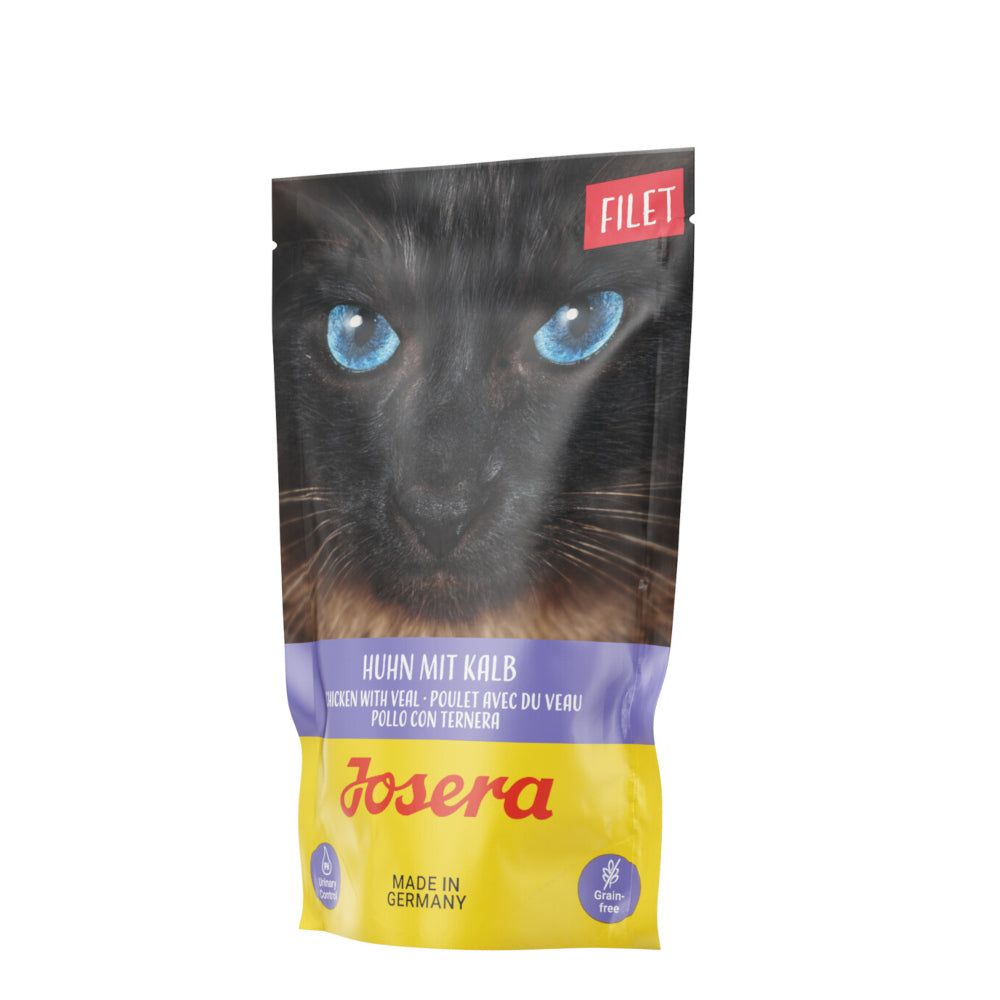 Josera Filet Huhn mit Kalb. Beutel mit Katze und blauen Augen. Text: Filet, Huhn mit Kalb, Glutenfrei, Made in Germany.