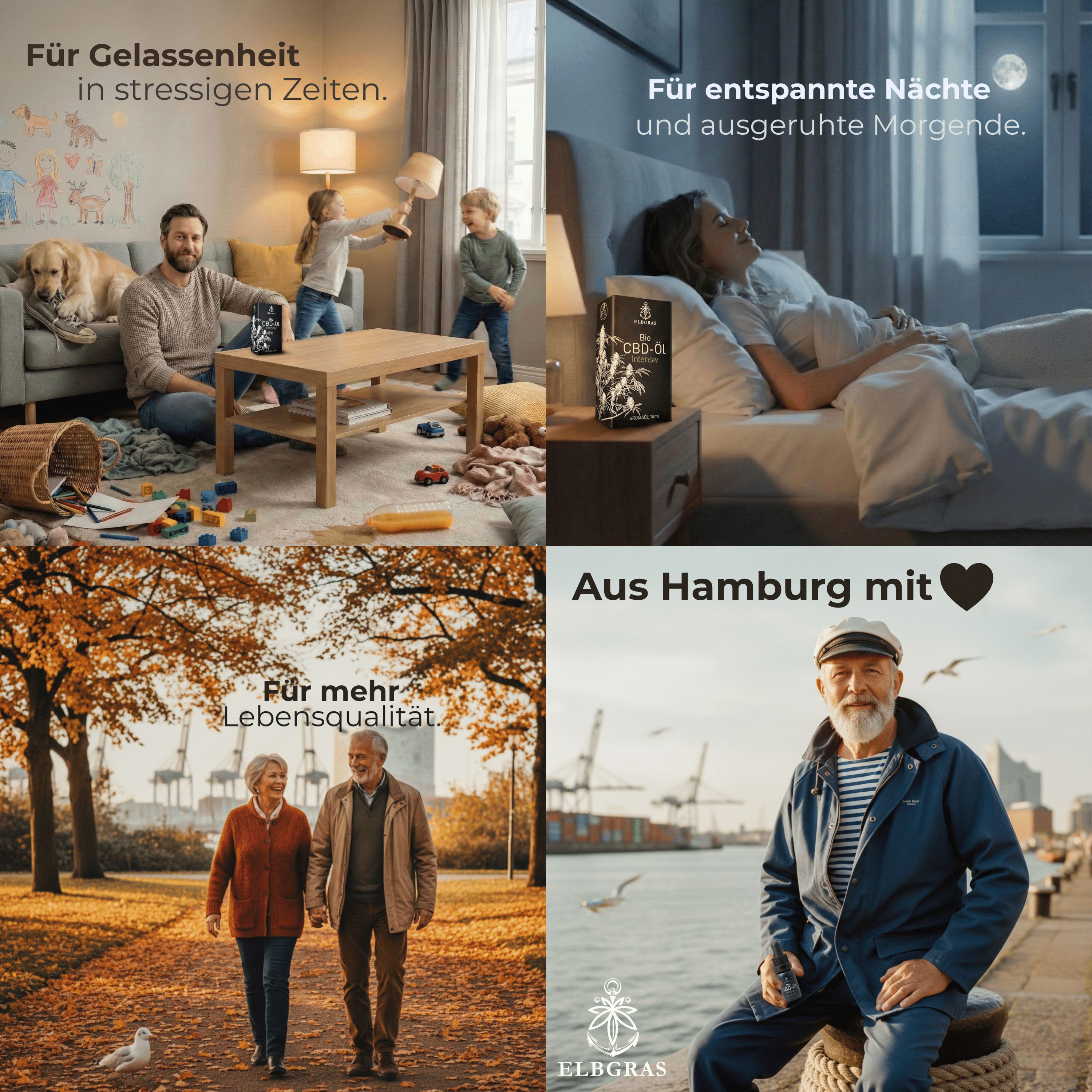 Vier Bilder: Familie, Frau im Bett, älteres Ehepaar, Mann am Hafen. Produktverpackung im Hintergrund.