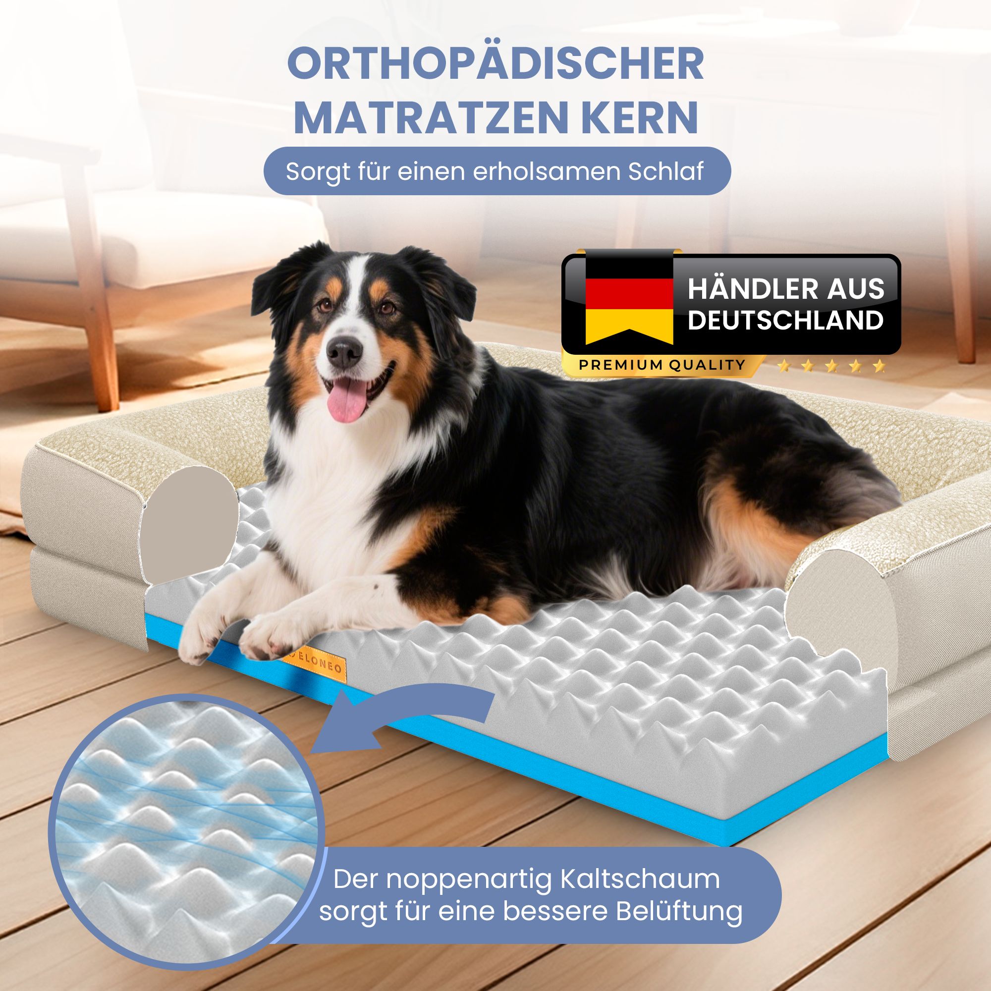 Orthopädisches Hundebett, creme. Hund liegt auf der Matratze. Text: Orthopädischer Matratzenkern. Noppenartig Kaltschaum.