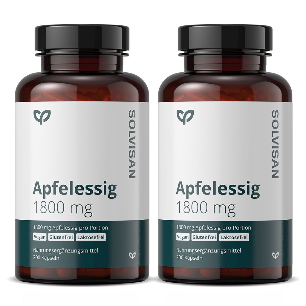 Zwei braune Flaschen mit schwarzen Deckeln. Auf den Etiketten steht "Apfelessig 1800 mg", "Vegan", "Glutenfrei", "Laktosefrei".