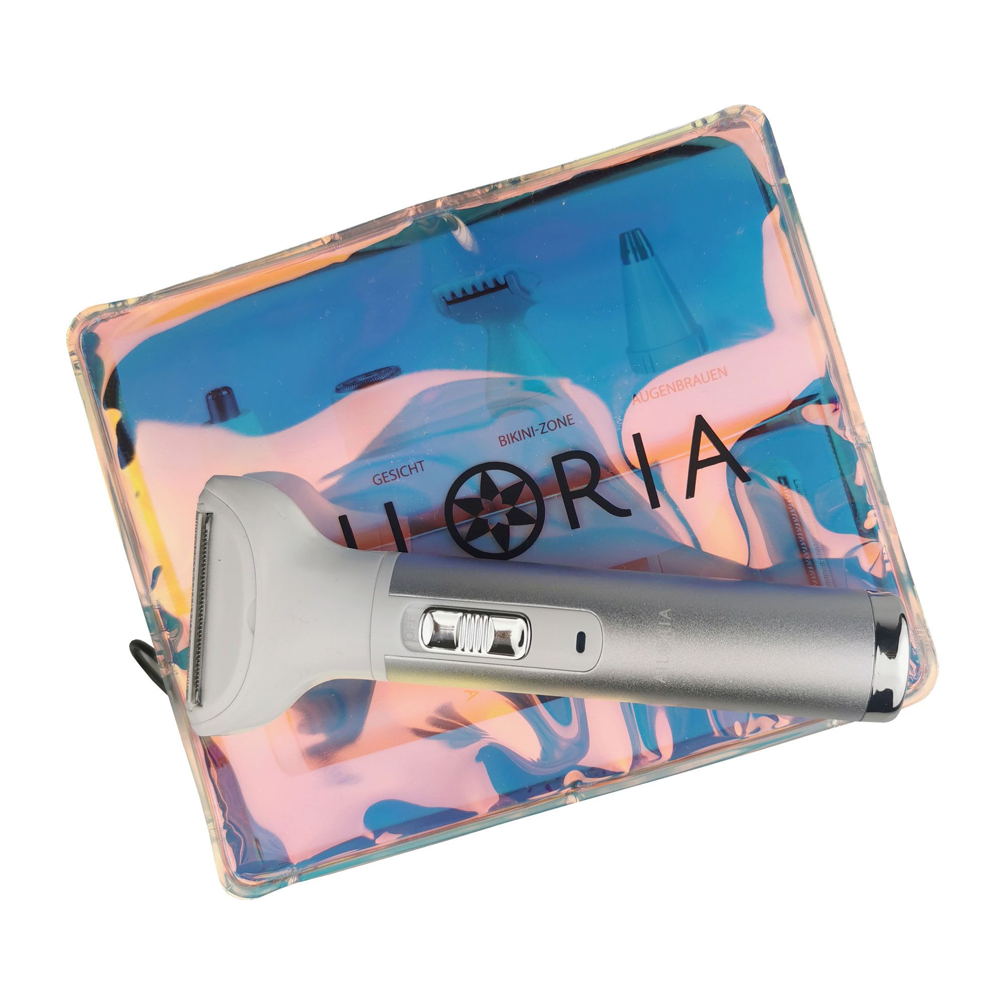 Rasierer in einer transparenten Tasche. Auf der Tasche steht: AILORIA. Der Rasierer hat einen weißen Rasierkopf und einen silbernen Schalter.