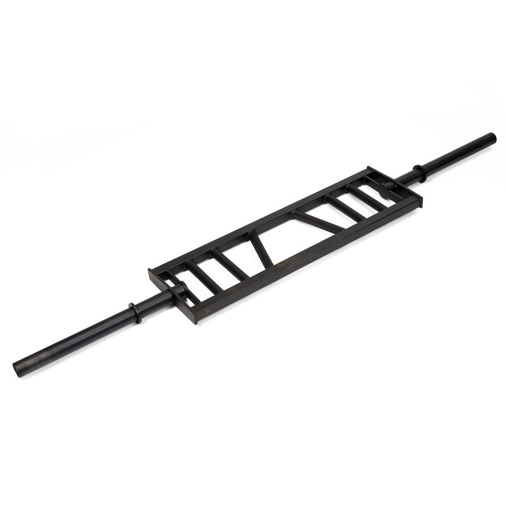 Schwarze Langhantelstange mit mehreren Griffen. Perspektivische Ansicht.