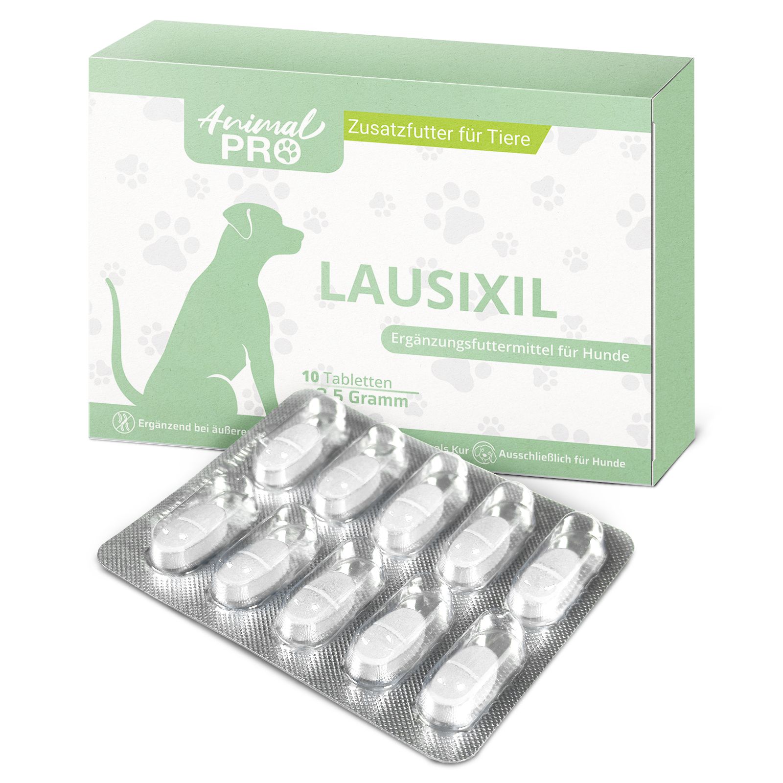 LAUSIXIL Tabletten für Hunde in einer Blisterpackung und einer Packungsbox.