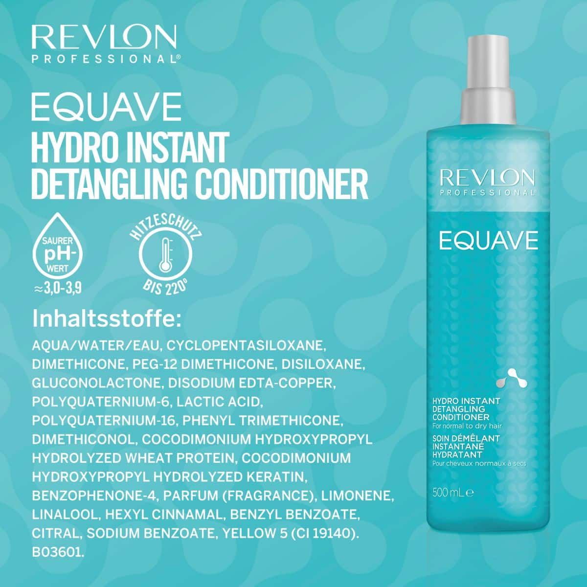Blaues Revlon Equave Hydro Instant Detangling Conditioner. Text: pH 3,0-3,9, Hitzeschutz bis 220°C. Inhaltsstoffe.