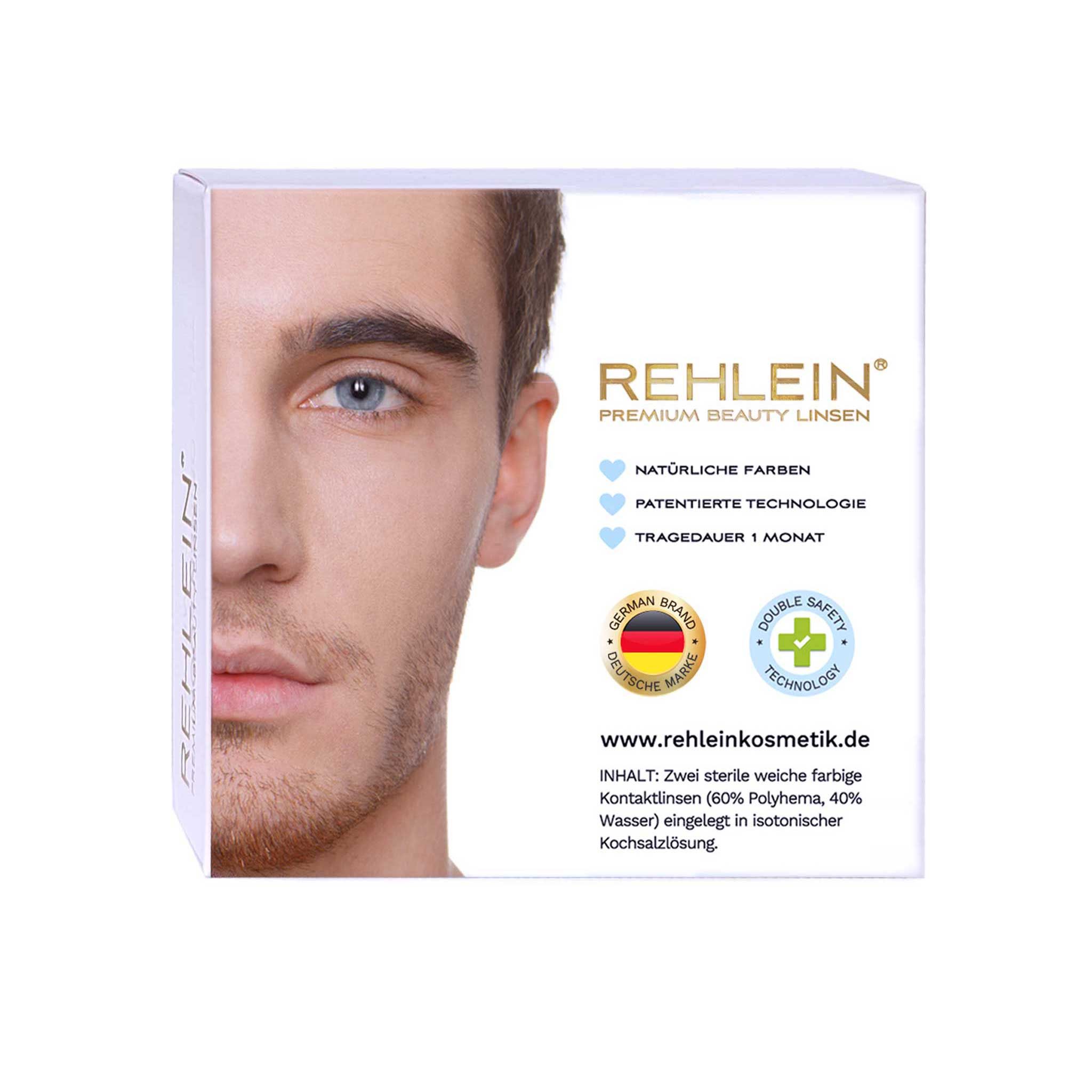 Verpackung von REHLEIN Kontaktlinsen. Aufschrift: REHLEIN PREMIUM BEAUTY LINSEN. Logo: Deutsches Qualitätssiegel. Auf der Verpackung ist ein Gesicht abgebildet.