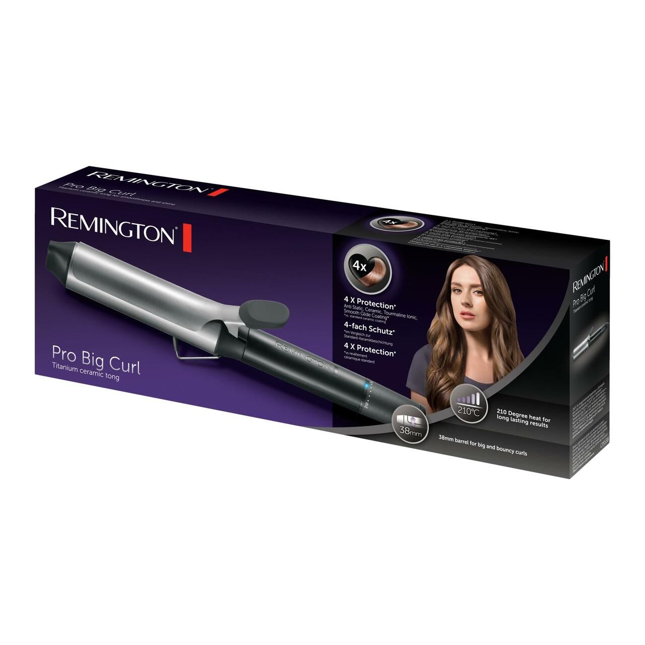 Lockenstab in Verpackung. Marke Remington, Modell Pro Big Curl. 38mm Durchmesser, 210°C. Abbildung einer Frau mit Locken.