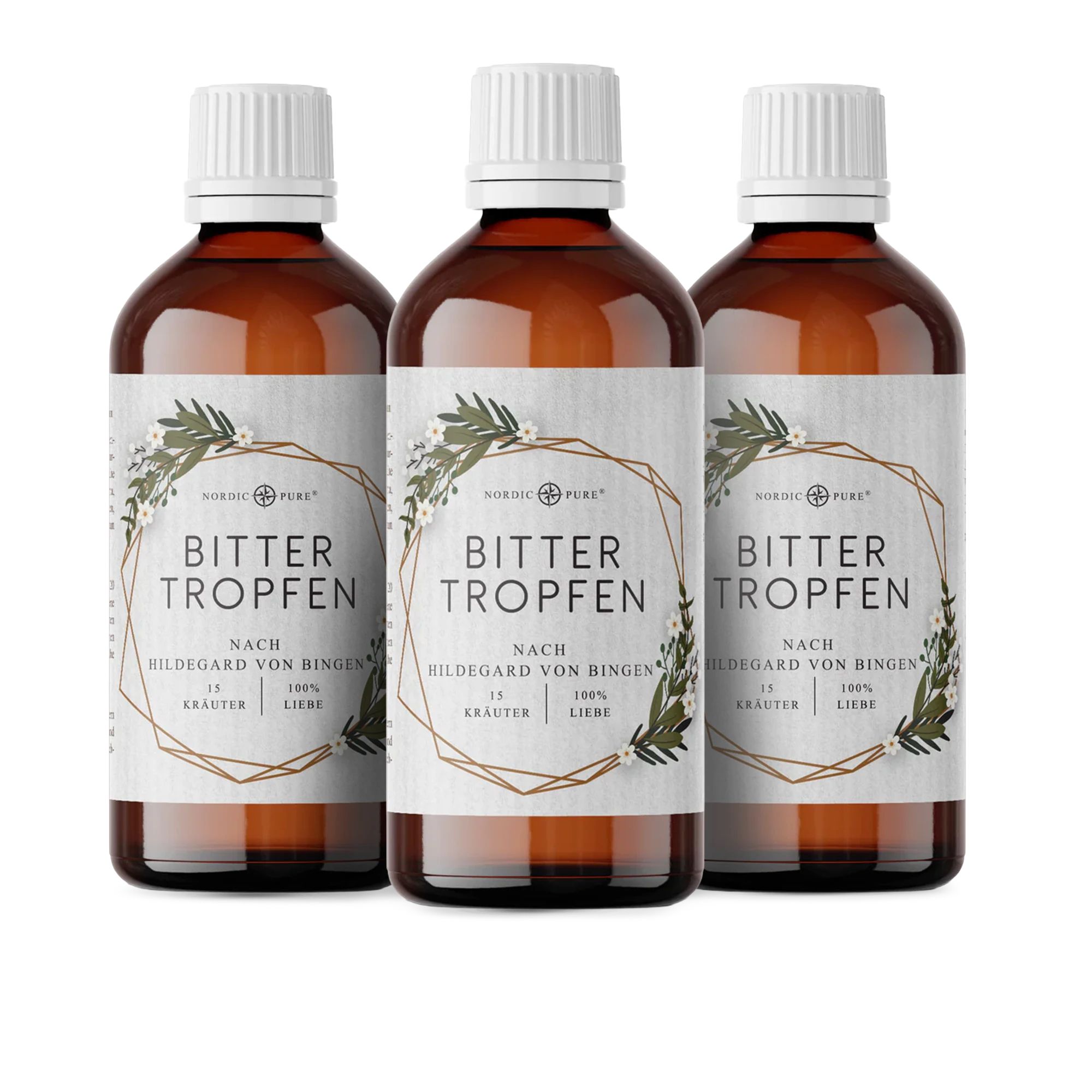 Drei braune Flaschen mit weißen Deckeln. Etikett mit Text: Bitter Tropfen, nach Hildegard von Bingen.