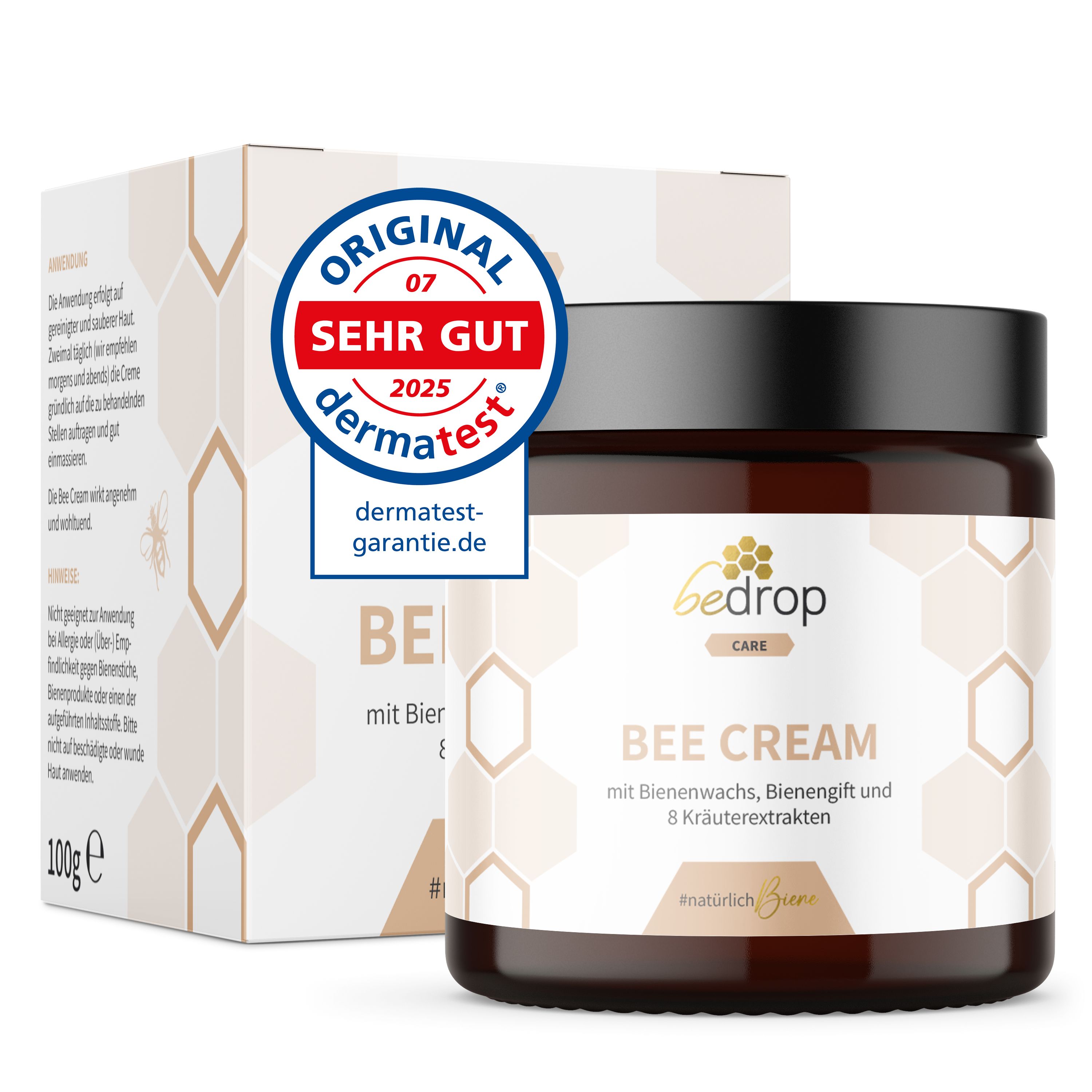 Creme-Glas mit Verpackung. Aufschrift: bedrop Bee Cream mit Bienengiftsalbe und 8 Kräuterextrakten. Dermatest-Siegel.