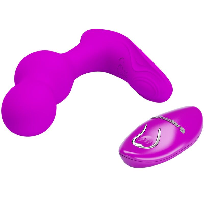 Lila Analvibrator mit Fernbedienung. Der Vibrator hat eine gebogene Form mit zwei Kugeln und einem gebogenen Ende. Die Fernbedienung ist oval.