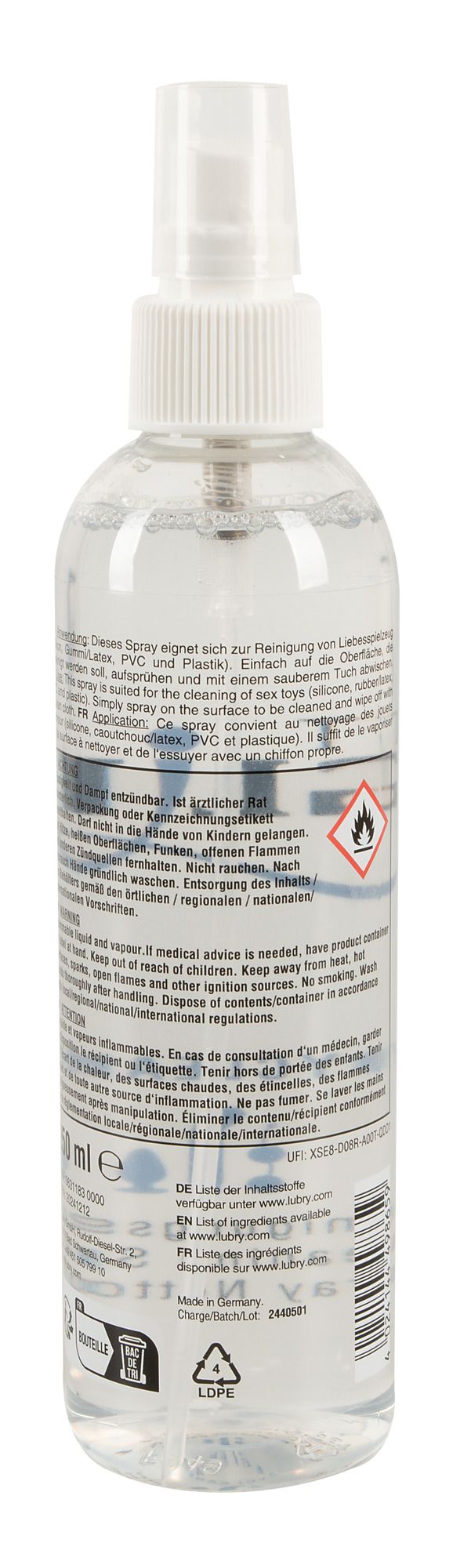 Just Glide Toycleaner Flasche mit Warnhinweisen und Zertifizierungen.