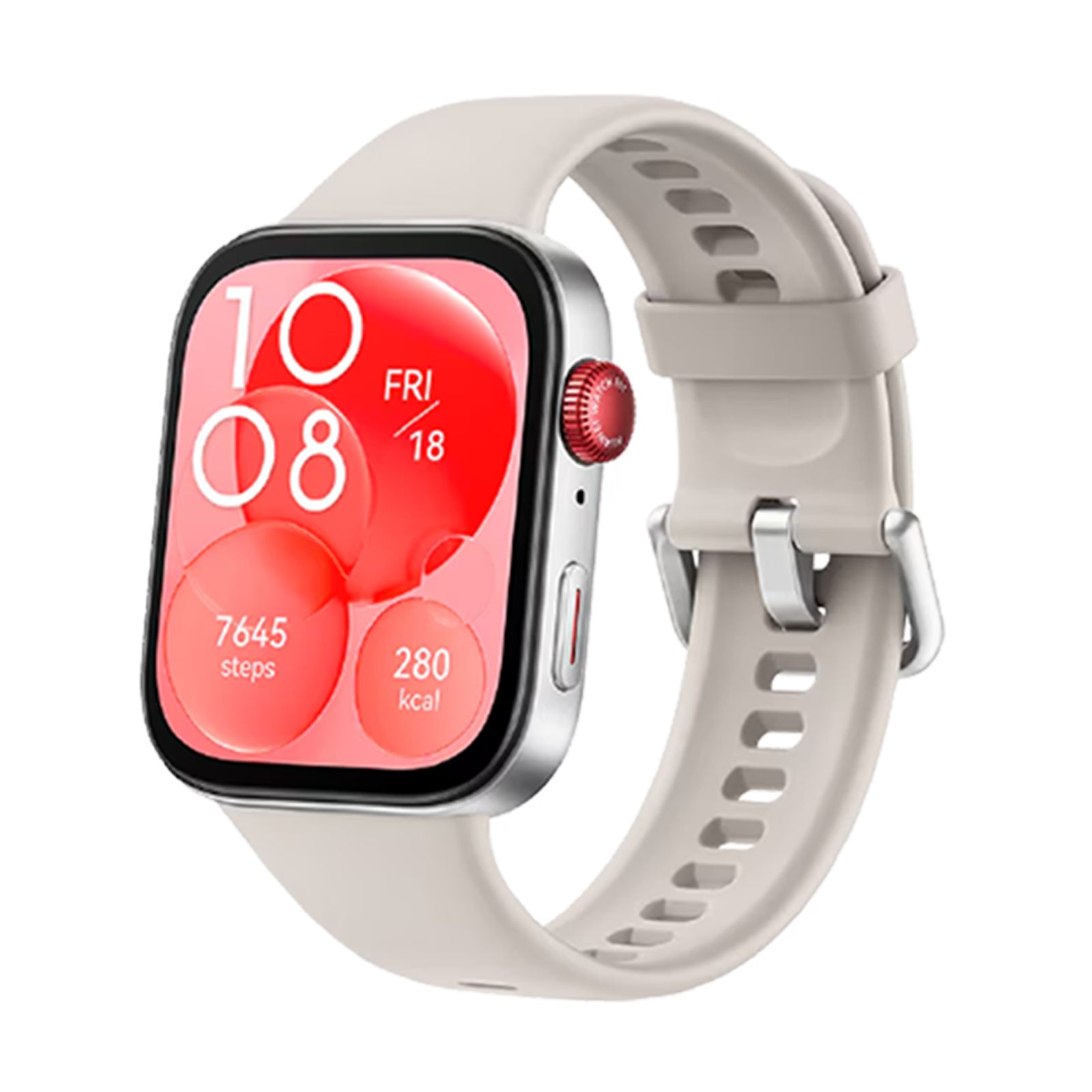 Smartwatch mit rotem Display. Anzeige mit Uhrzeit, Datum und Aktivitätsdaten. Roter Knopf.