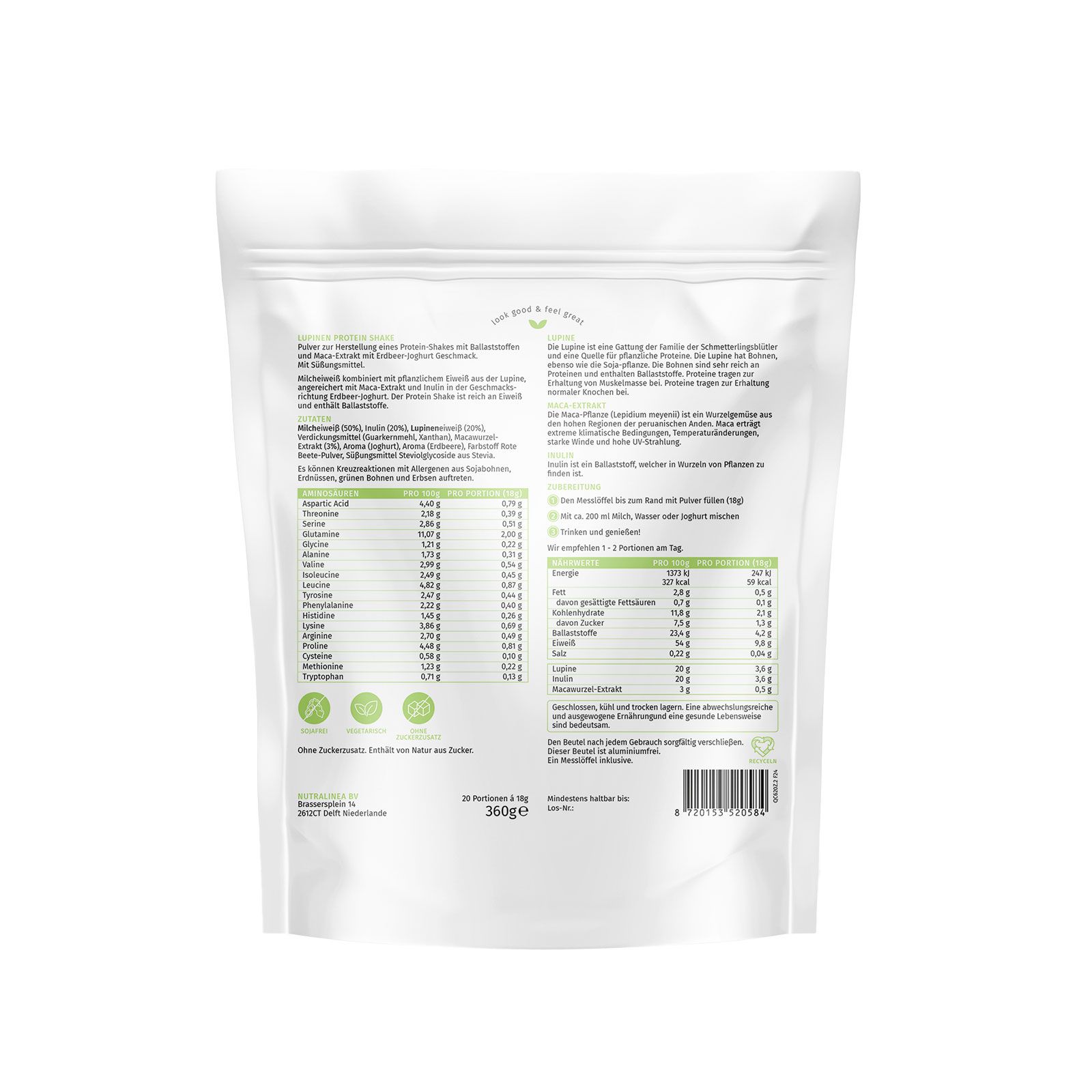 Rückseite der Verpackung "Lupinen Protein Shake". Text mit Nährwertangaben und Inhaltsstoffen. 360g.