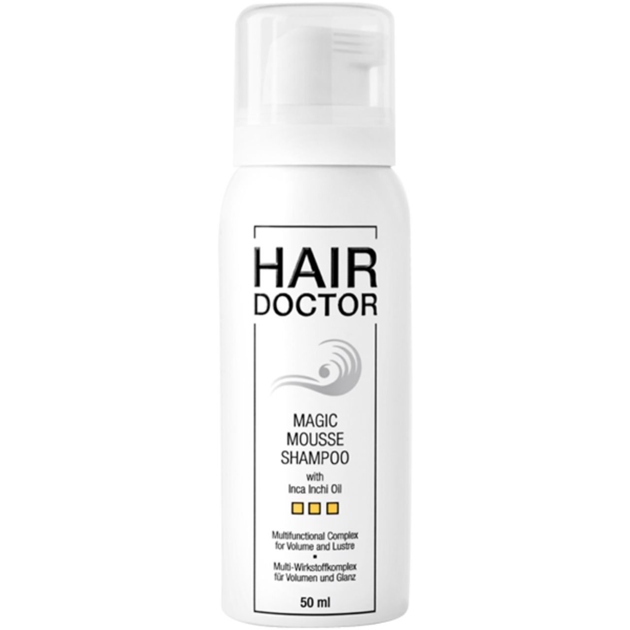 Weiße Flasche mit Pumpspender. Aufschrift: HAIR DOCTOR, MAGIC MOUSSE SHAMPOO. Enthält Inca Inchi Öl. 50 ml.