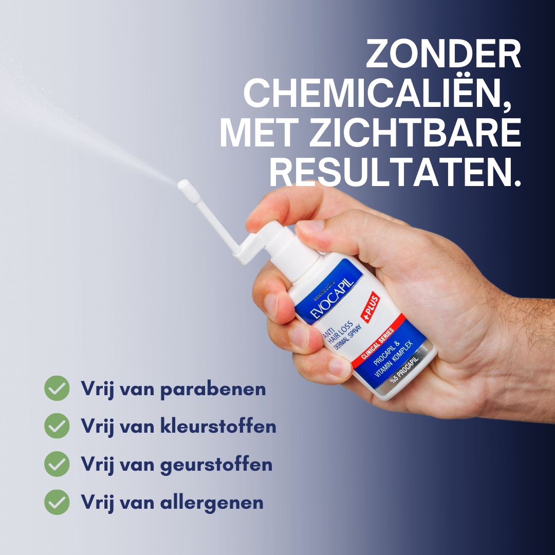 Hand houdt Evocapil Plus Anti-Haaruitval Spray vast. Witte spray met blauw etiket. Symbolen.