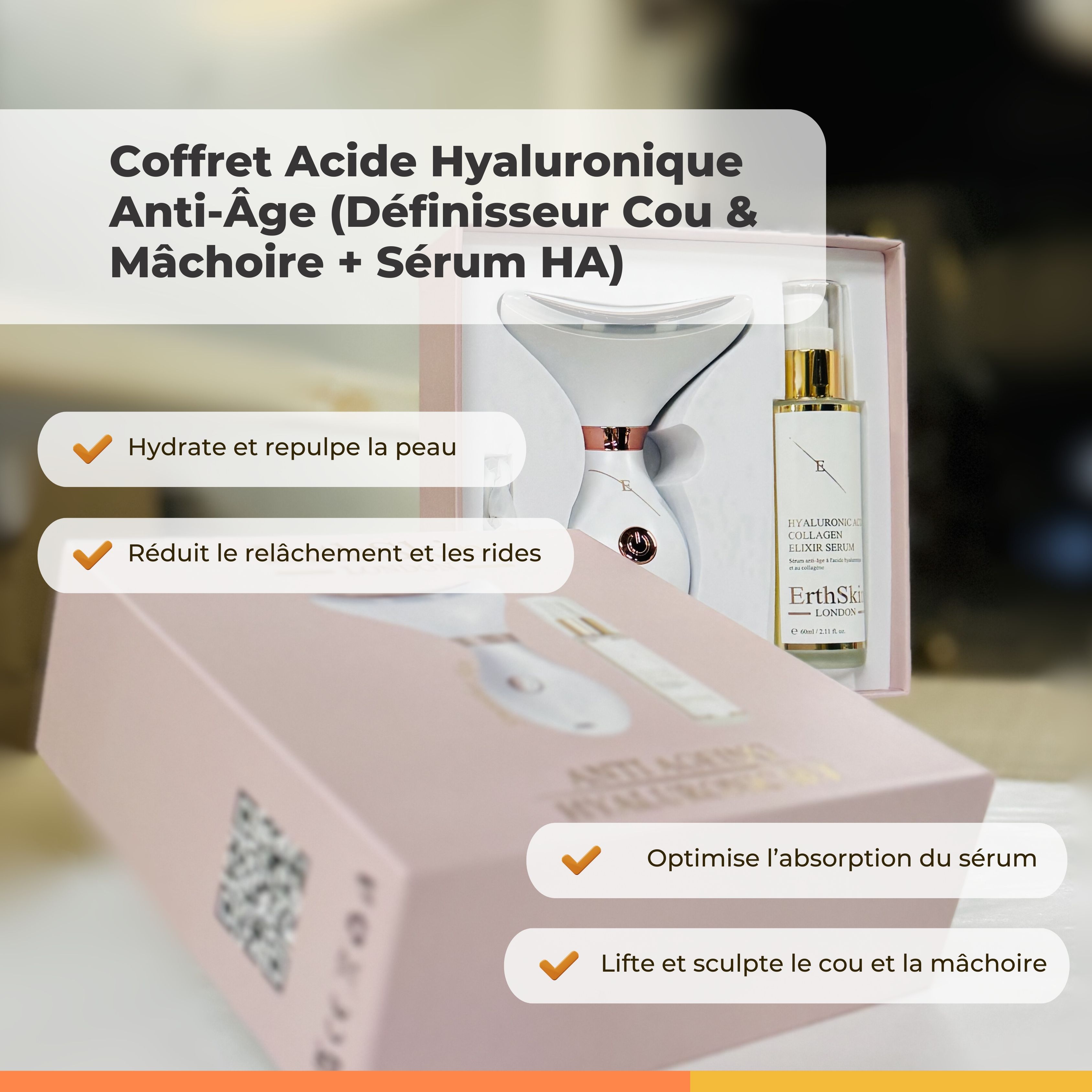 Rosa Verpackung mit Gerät und Serum. Text: Coffret Acide Hyaluronique Anti-Âge. Das Gerät hat eine geschwungene Form. Vorteile sind aufgelistet.