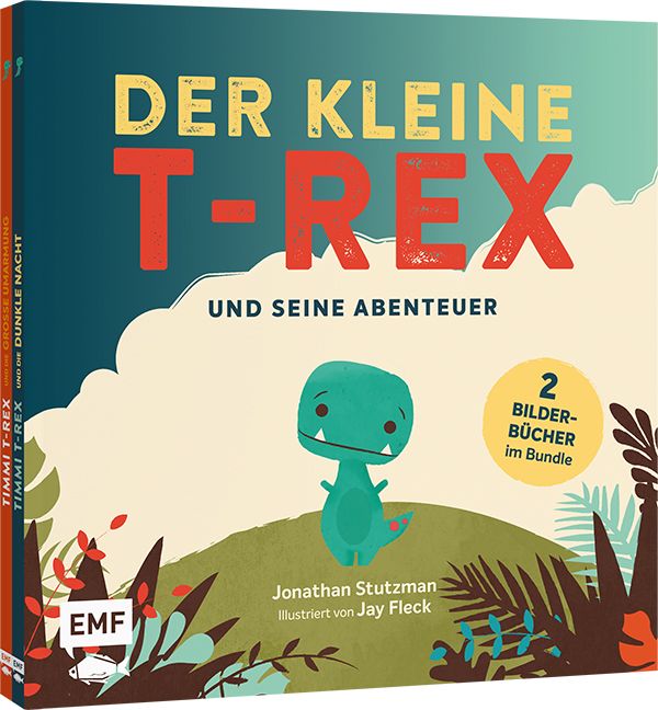 Buchcover mit Titel "Der kleine T-Rex und seine Abenteuer". Ein grüner Dino, gelber Text, 2 Bilderbücher im Bundle. Verlag EMF.