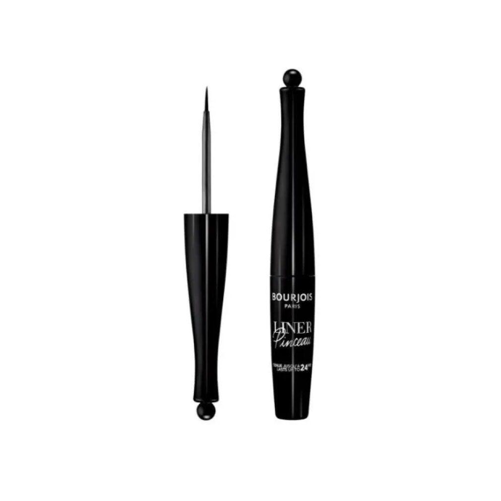 Schwarzer Eyeliner mit Pinsel. Flasche mit Schriftzug Bourjois Paris, Liner Pinceau. Wasserdicht.