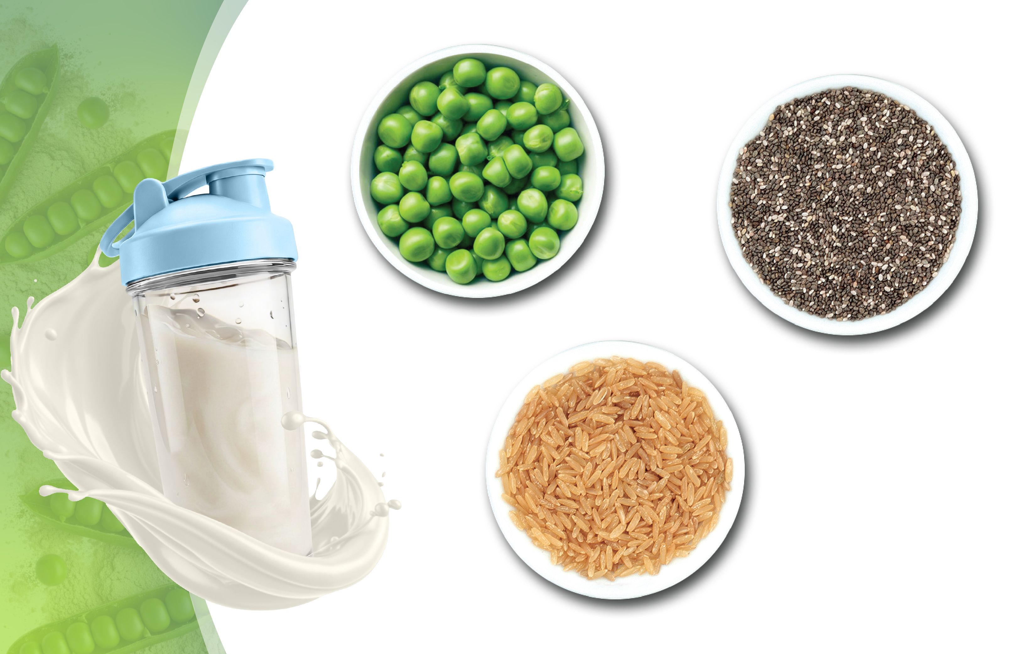Shake-Flasche mit Proteinshake, Schüsseln mit Erbsen, Chiasamen und Reis.